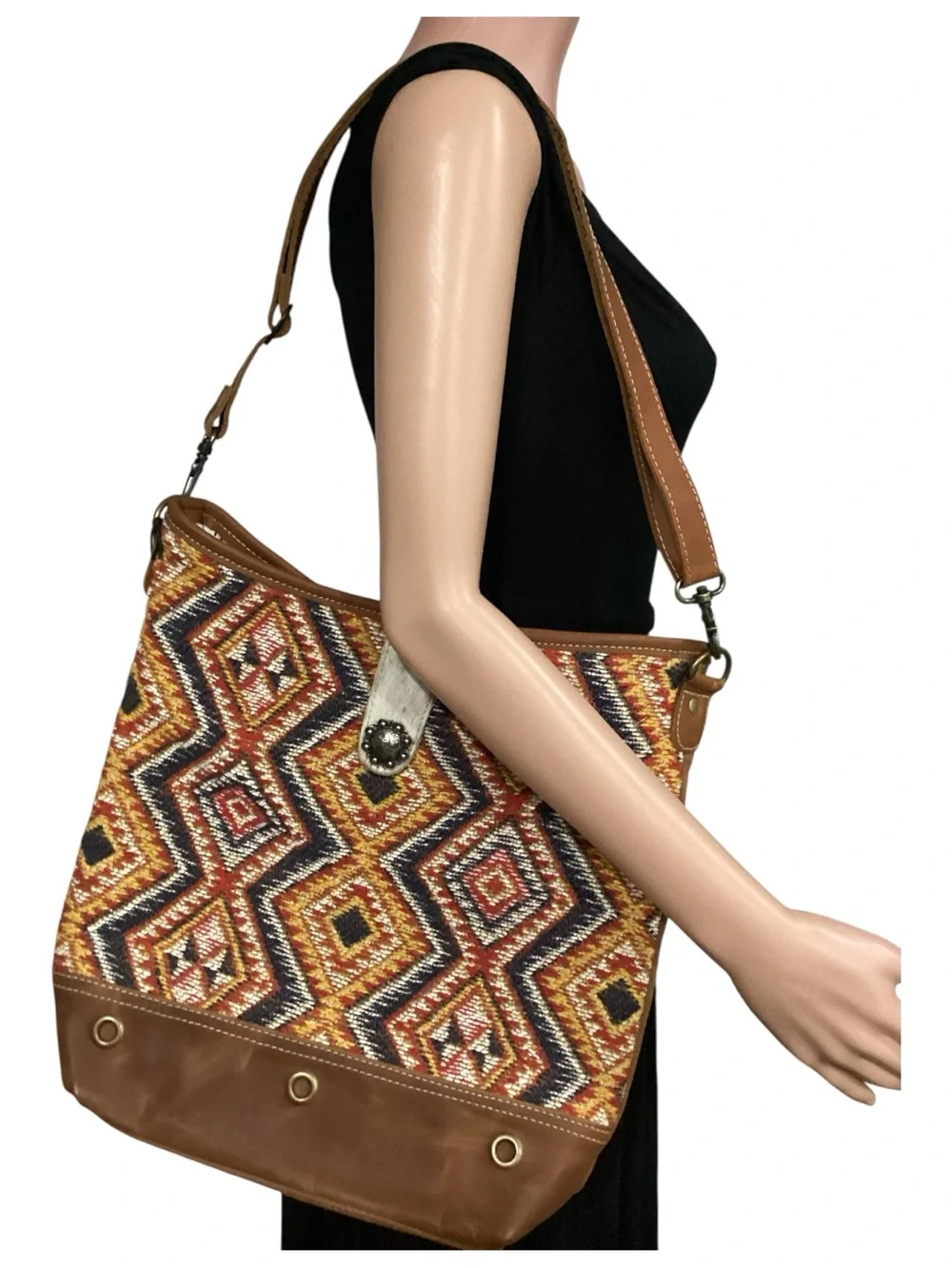Myra Bag Leather Hide Woven Canvas Shoulder Bag Orange Embers Upcycled